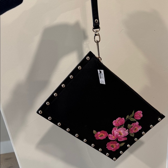 White House Black Market Black Studded Clutch with Pink Floral Design - Picture 5 of 7